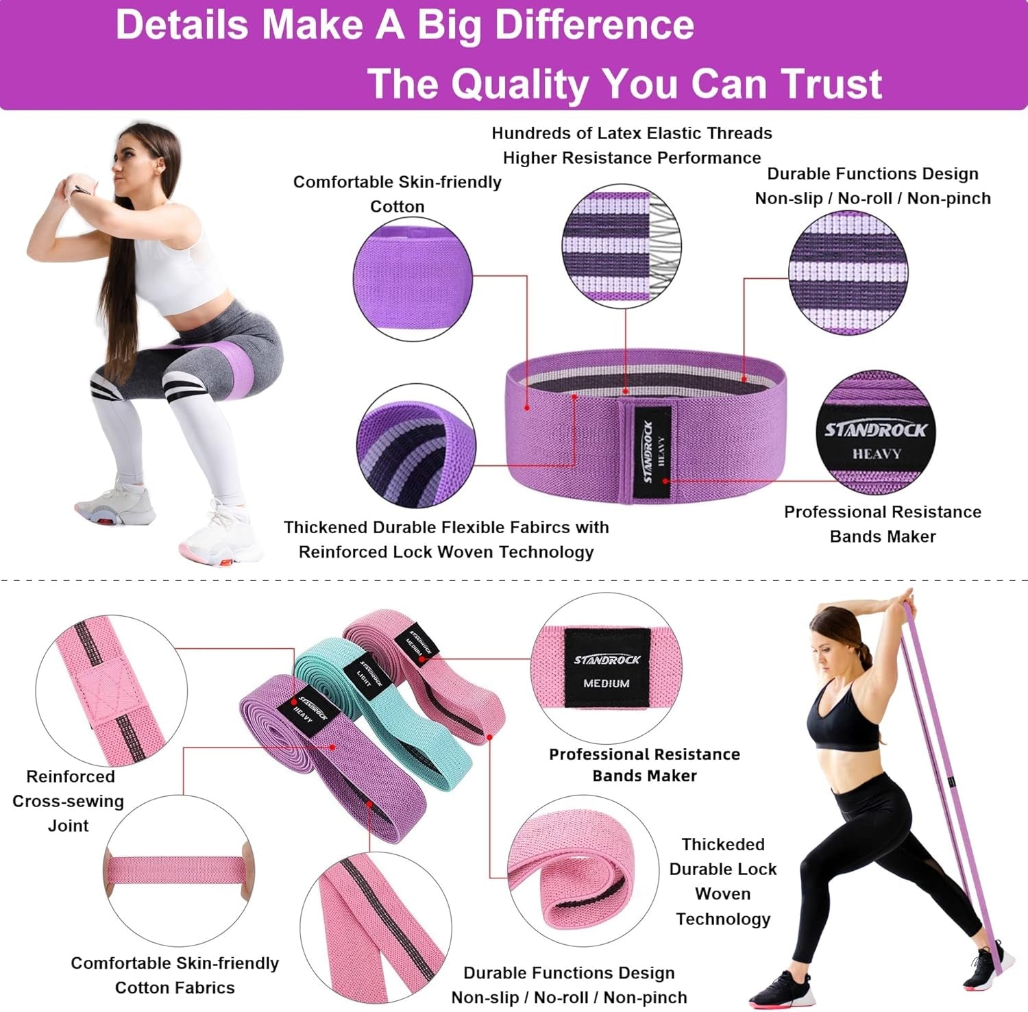 Fabric Resistance Bands for Exercise - 3 and 4 Level Booty Bands for Men and Women - Long Elastic Resistance Workout Bands