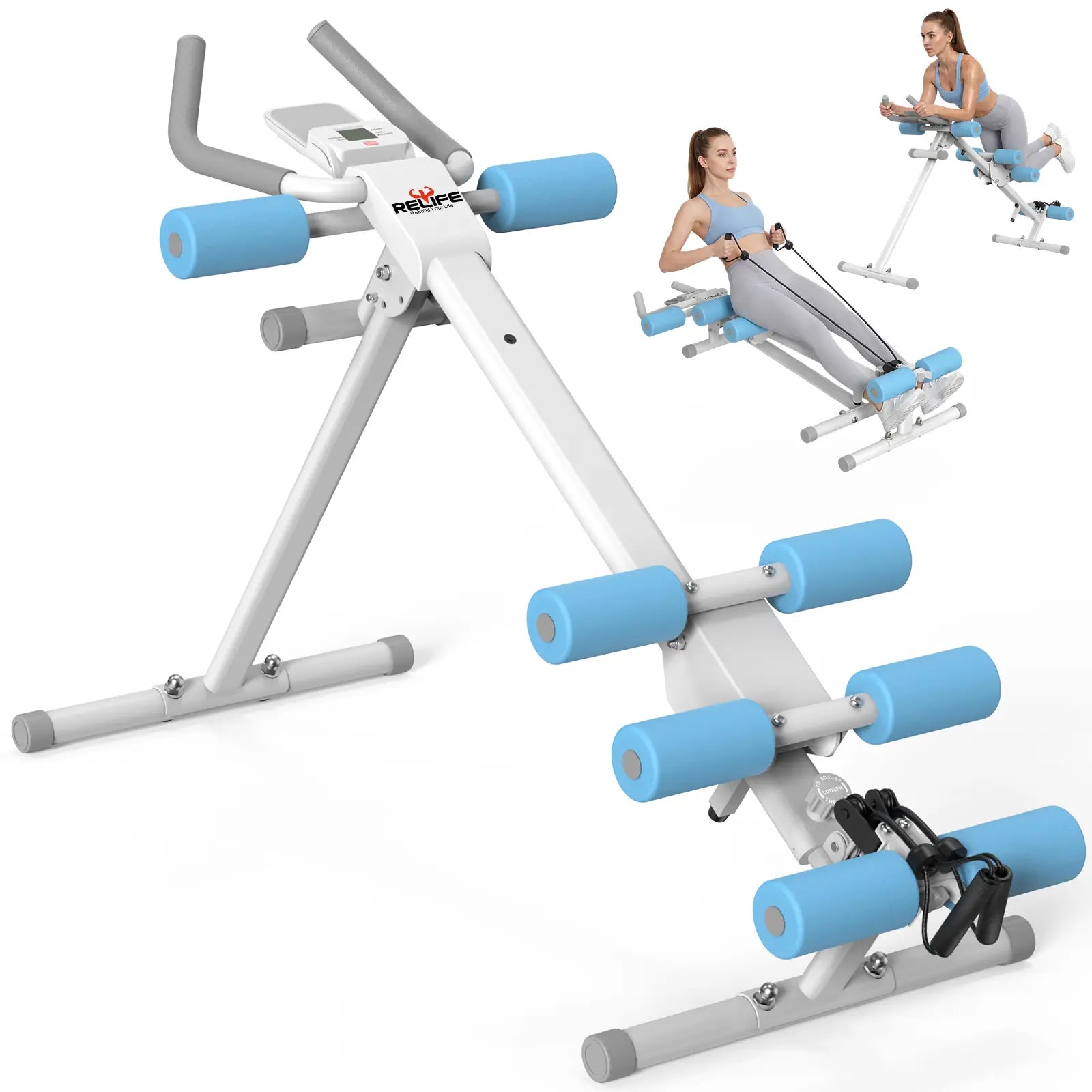 RELIFESPORTS Foldable Adjustable Ab Trainer - High-Capacity Abdominal Training Equipment with LCD Monitor, 5 Height Levels, 2 Incline Settings, Ideal for Home Fitness Beginners