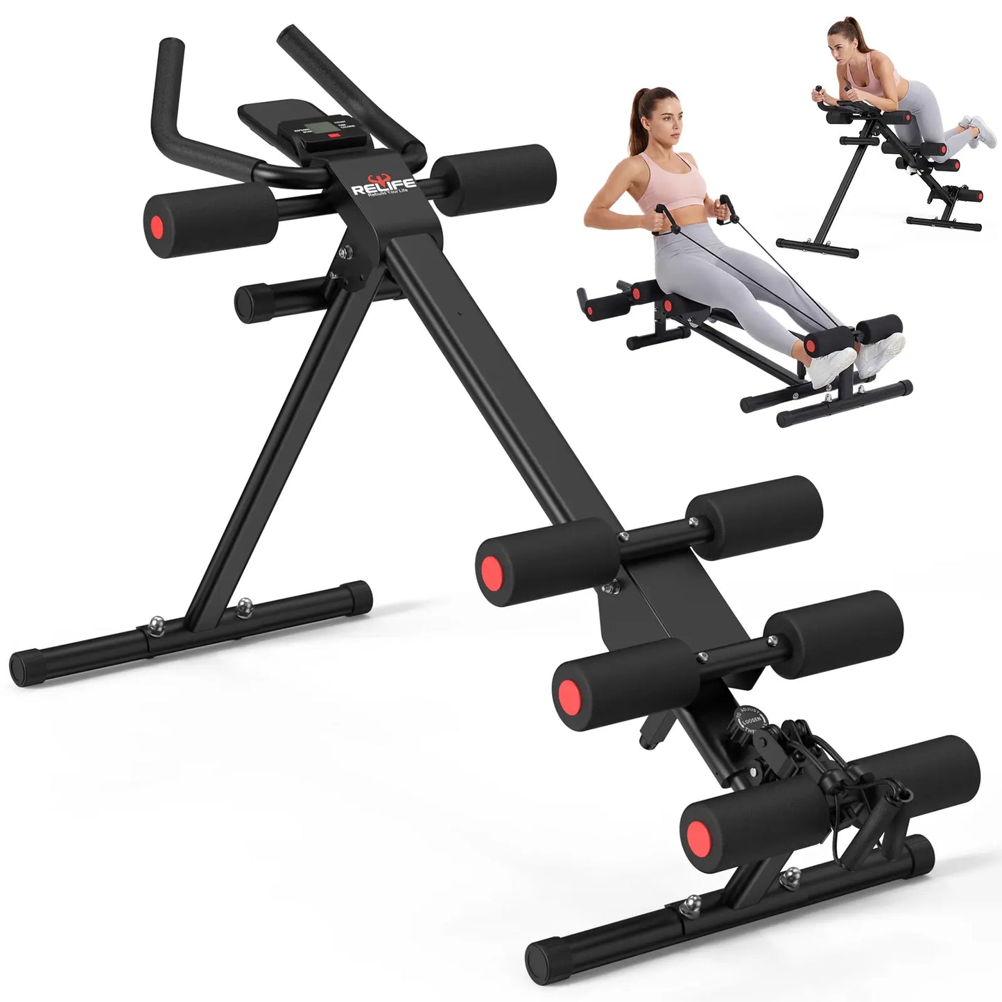 RELIFESPORTS Foldable Adjustable Ab Trainer - High-Capacity Abdominal Training Equipment with LCD Monitor, 5 Height Levels, 2 Incline Settings, Ideal for Home Fitness Beginners
