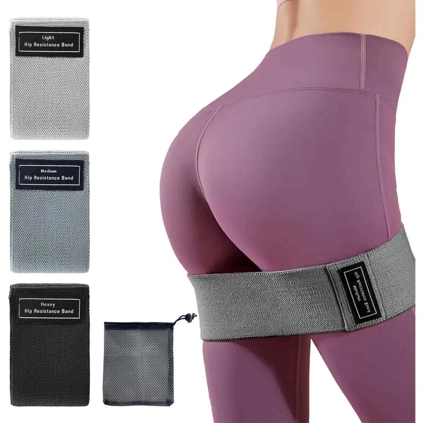 Set of 3 Resistance Bands with Storage Bag - Elastic Workout Bands for Hip, Thigh, and Glute Exercises